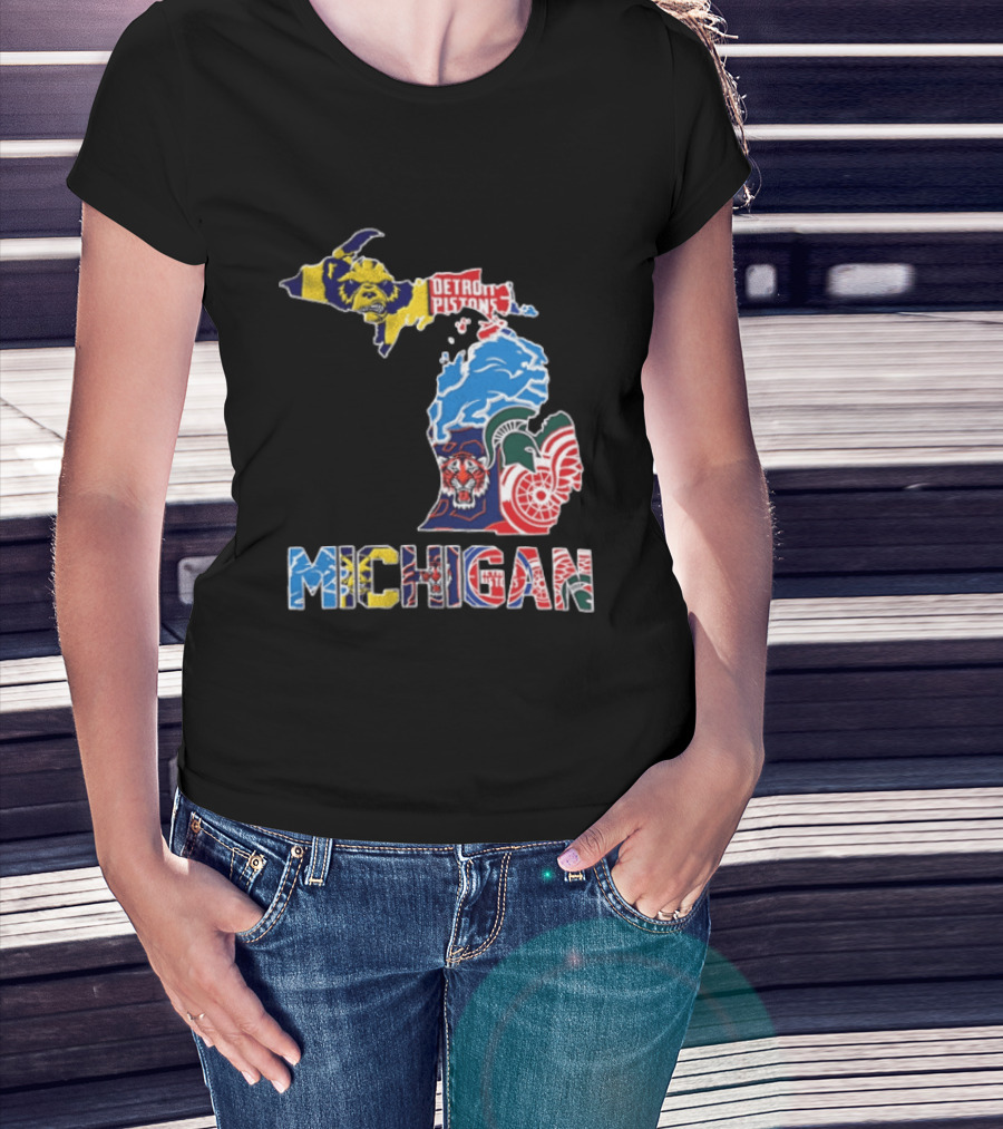 Detroit Pistons Lions Tigers Red Wings Michigan State Spartans Michigan Map T-Shirt