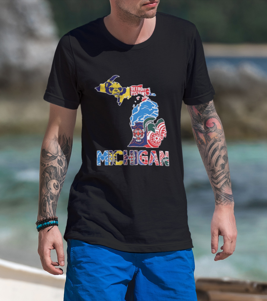 Detroit Pistons Lions Tigers Red Wings Michigan State Spartans Michigan Map T-Shirt