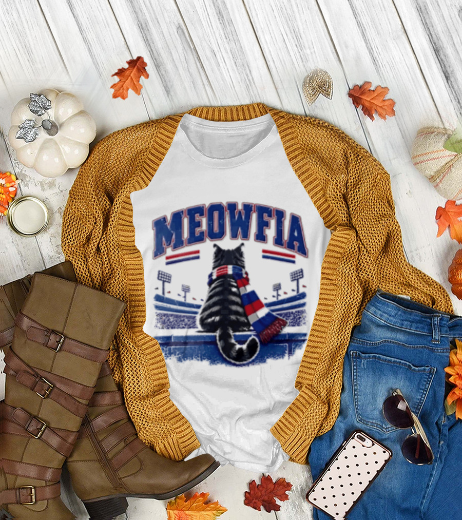 Meowfia Tabby Cat Sporting Colorful Scarf In Stadium Setting T-Shirt