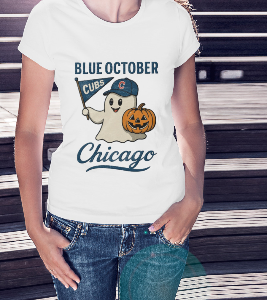 Chicago Cubs Blue October Halloween Ghost Pumpkin Baseball T-Shirt