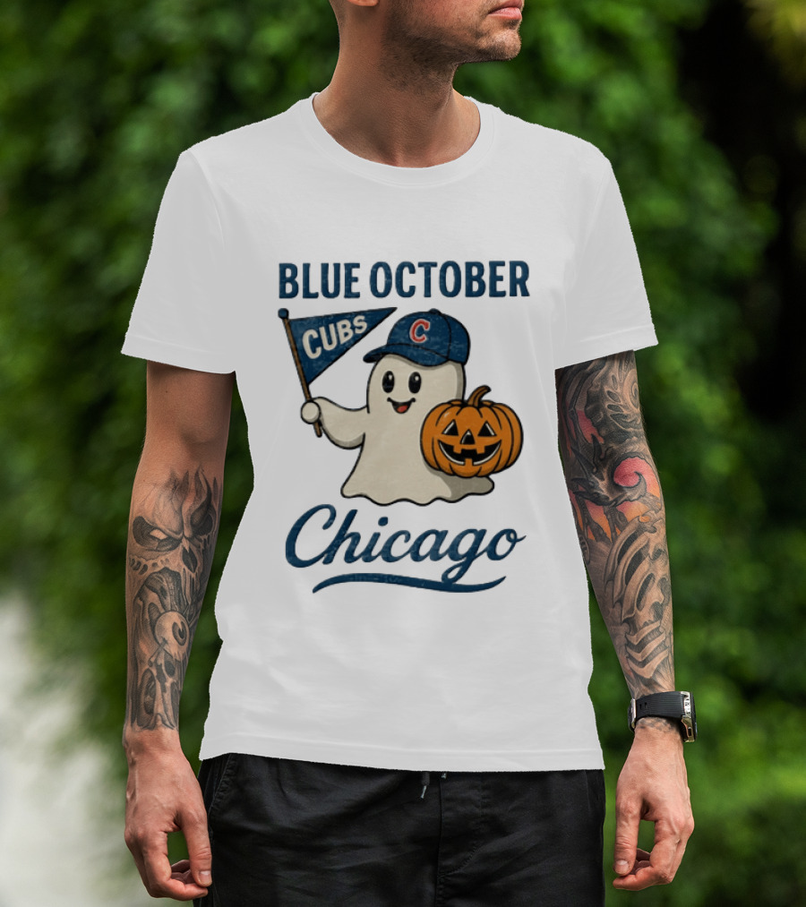 Chicago Cubs Blue October Halloween Ghost Pumpkin Baseball T-Shirt