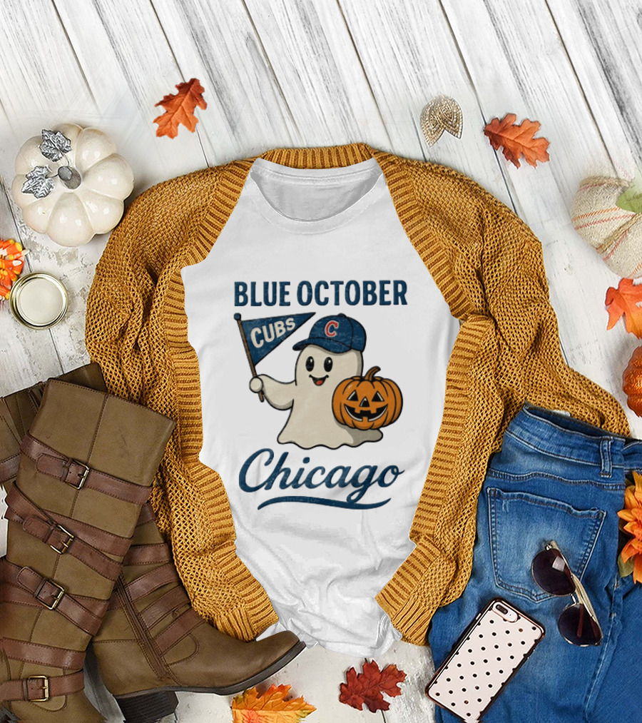 Chicago Cubs Blue October Halloween Ghost Pumpkin Baseball T-Shirt
