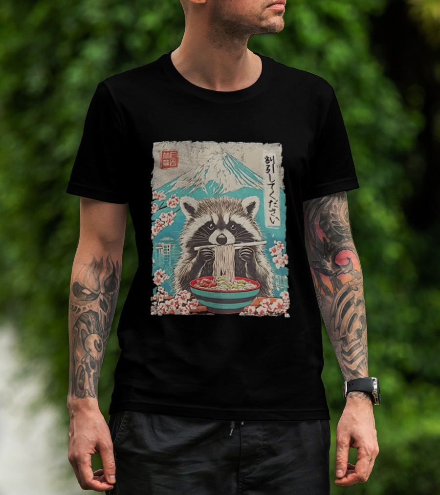Raccoon Eating Ramen With Mount Fuji Japanese Cherry Blossoms T-Shirt