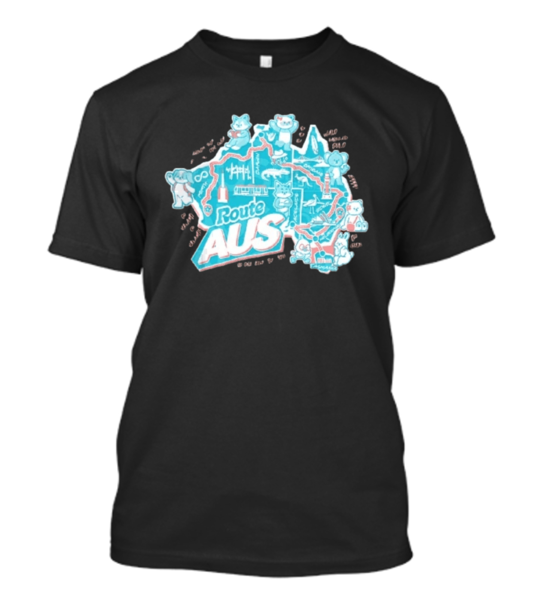 Route Aus Australia Map Animals Travel Icons Brisbane Sydney Melbourne Canberra T-Shirt