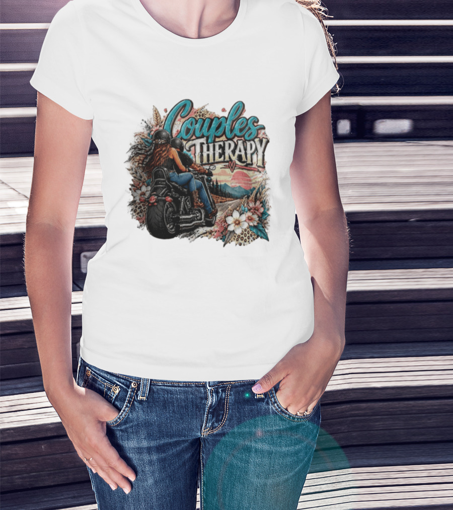 Couples Therapy Motorcycle Sunset Flowers Adventure T-Shirt