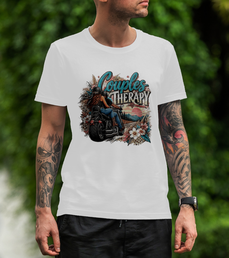 Couples Therapy Motorcycle Sunset Flowers Adventure T-Shirt
