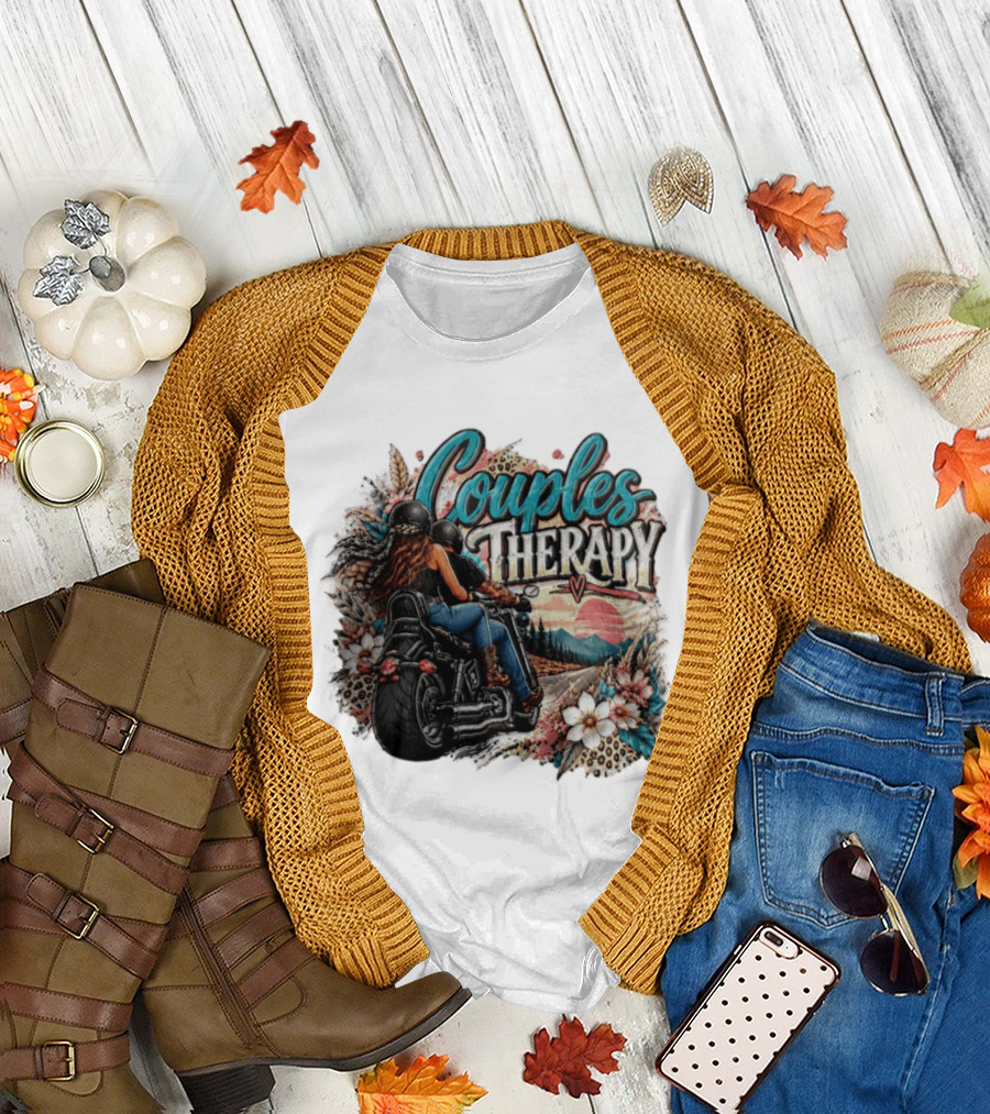 Couples Therapy Motorcycle Sunset Flowers Adventure T-Shirt