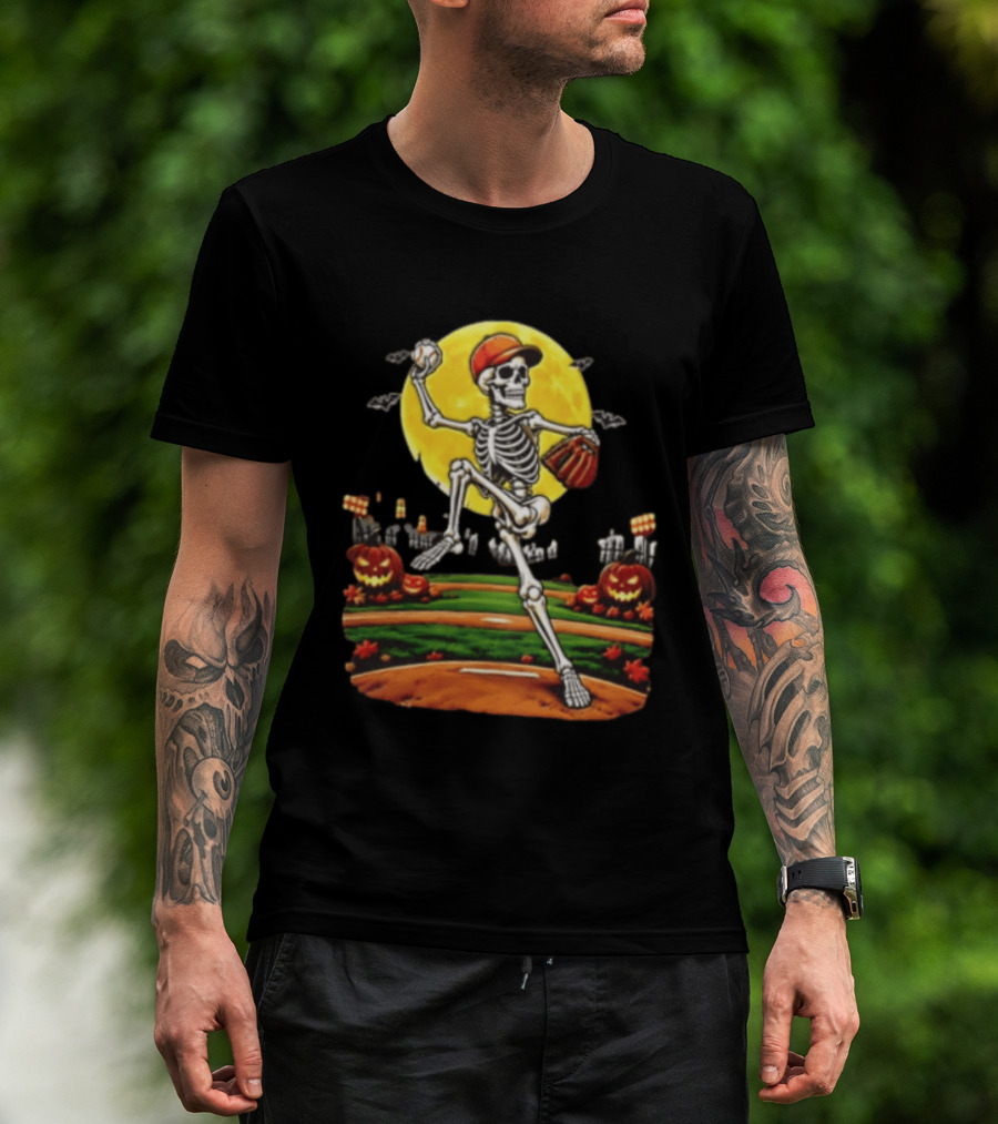 Skeleton Baseball Pitcher Halloween Full Moon Pumpkin Graveyard Scene T-Shirt