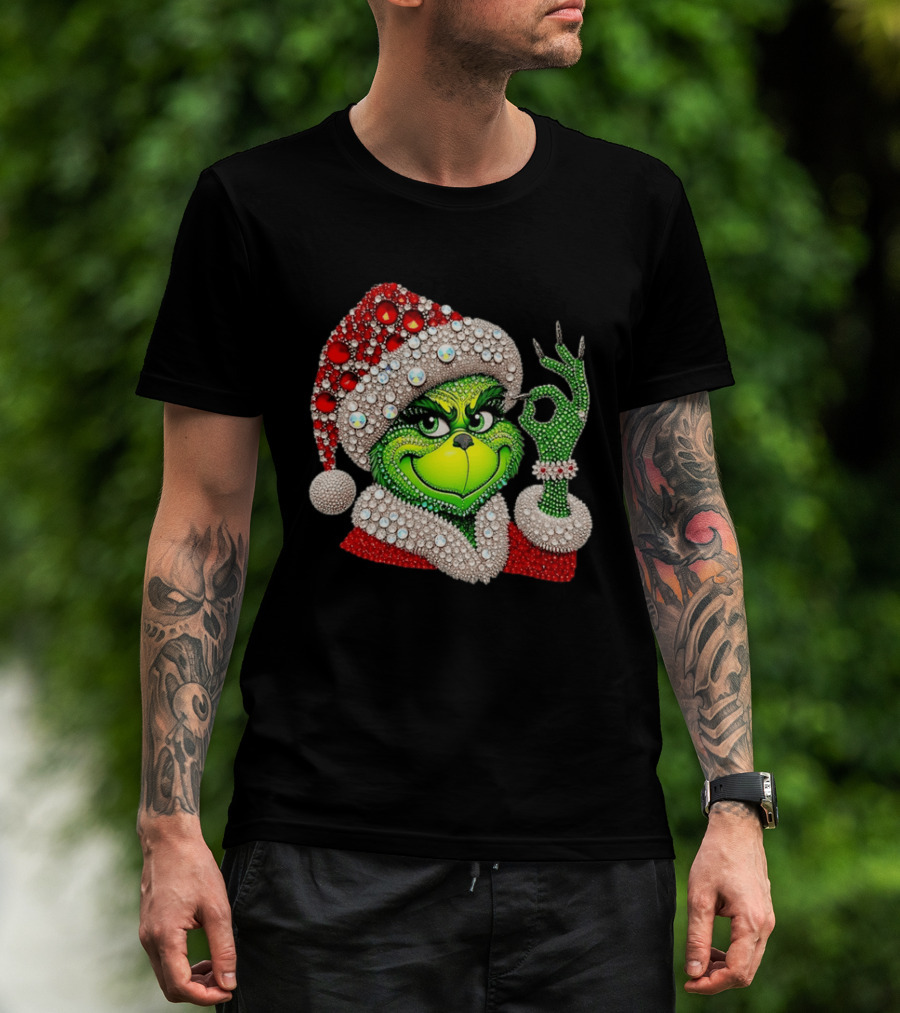 The Grinch Rhinestone Christmas Santa Hat Green Face With Jewels T-Shirt