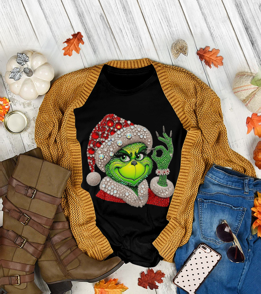 The Grinch Rhinestone Christmas Santa Hat Green Face With Jewels T-Shirt