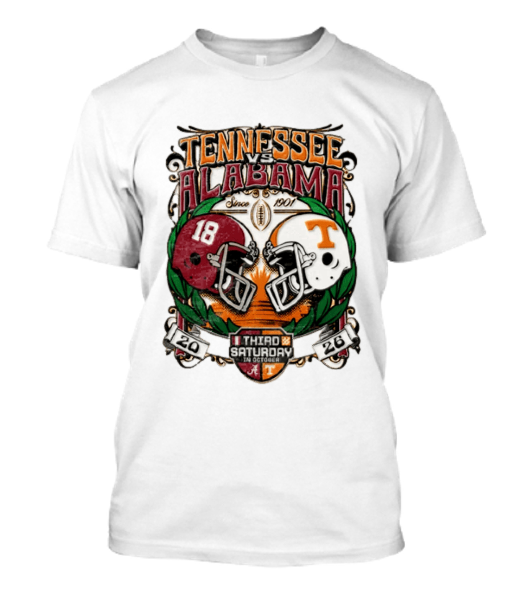 Tennessee Vs Alabama Football Rivalry Third Saturday October 2026 Helmets Since 1901 T-Shirt