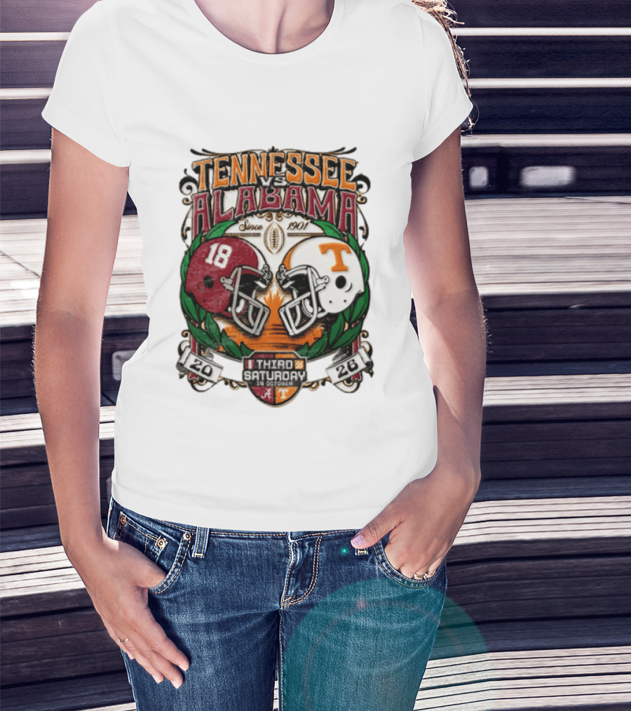 Tennessee Vs Alabama Football Rivalry Third Saturday October 2026 Helmets Since 1901 T-Shirt