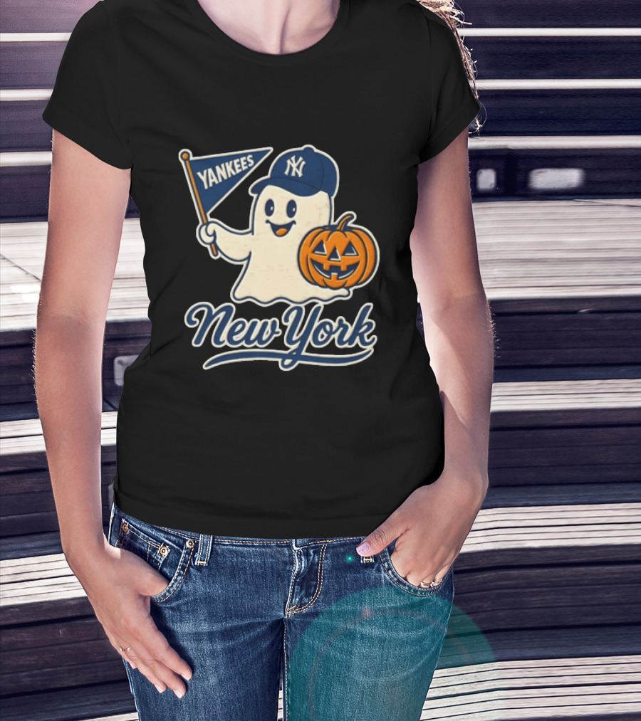 New York Yankees Halloween Ghost Pumpkin Baseball T-Shirt