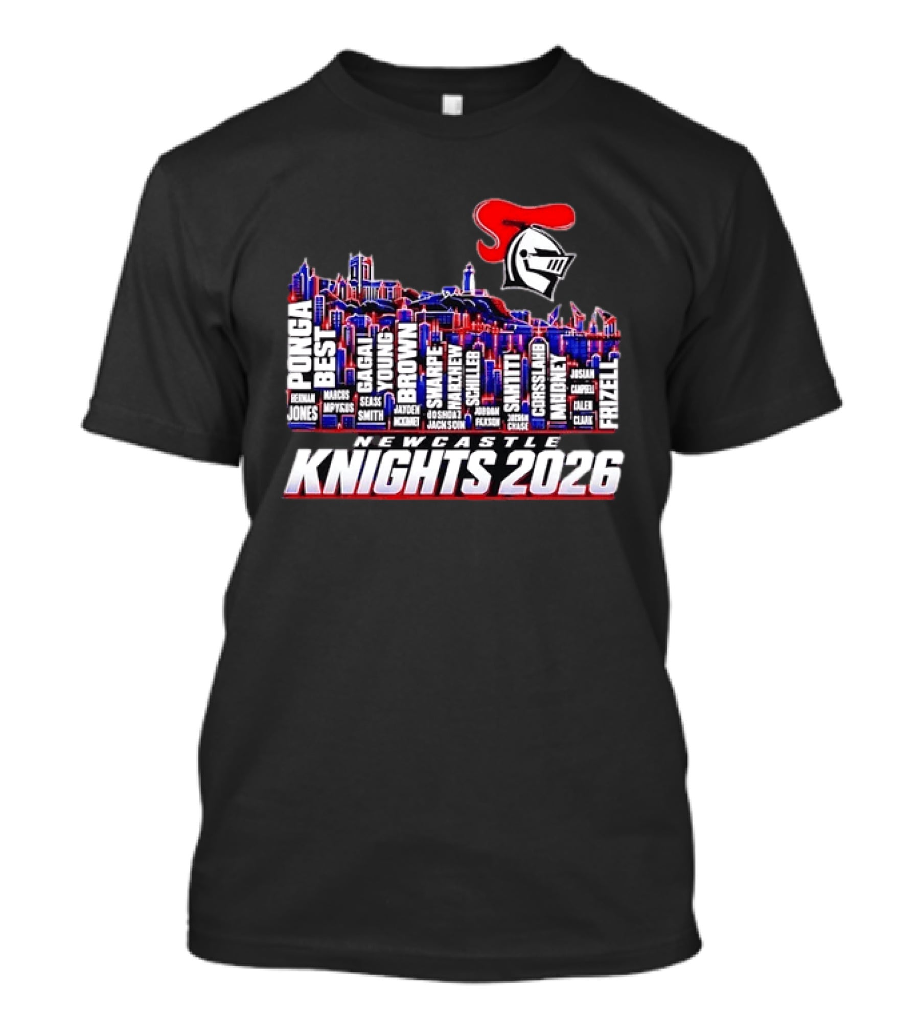 Newcastle Knights 2026 NRL Roster Skyline With Ponga, Best, Frizell, Gagai, Young, Brown T-Shirt