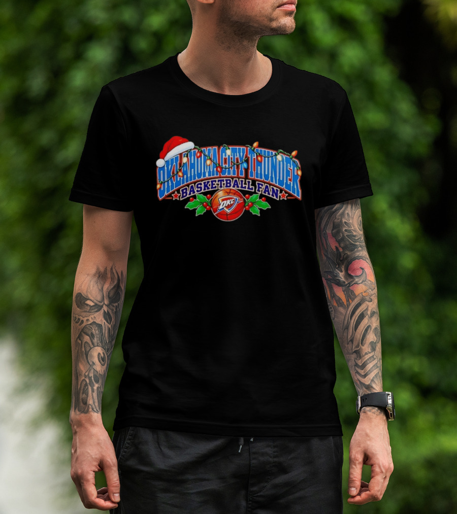 Oklahoma City Thunder Basketball Fan Holiday Christmas Lights Santa Hat T-Shirt