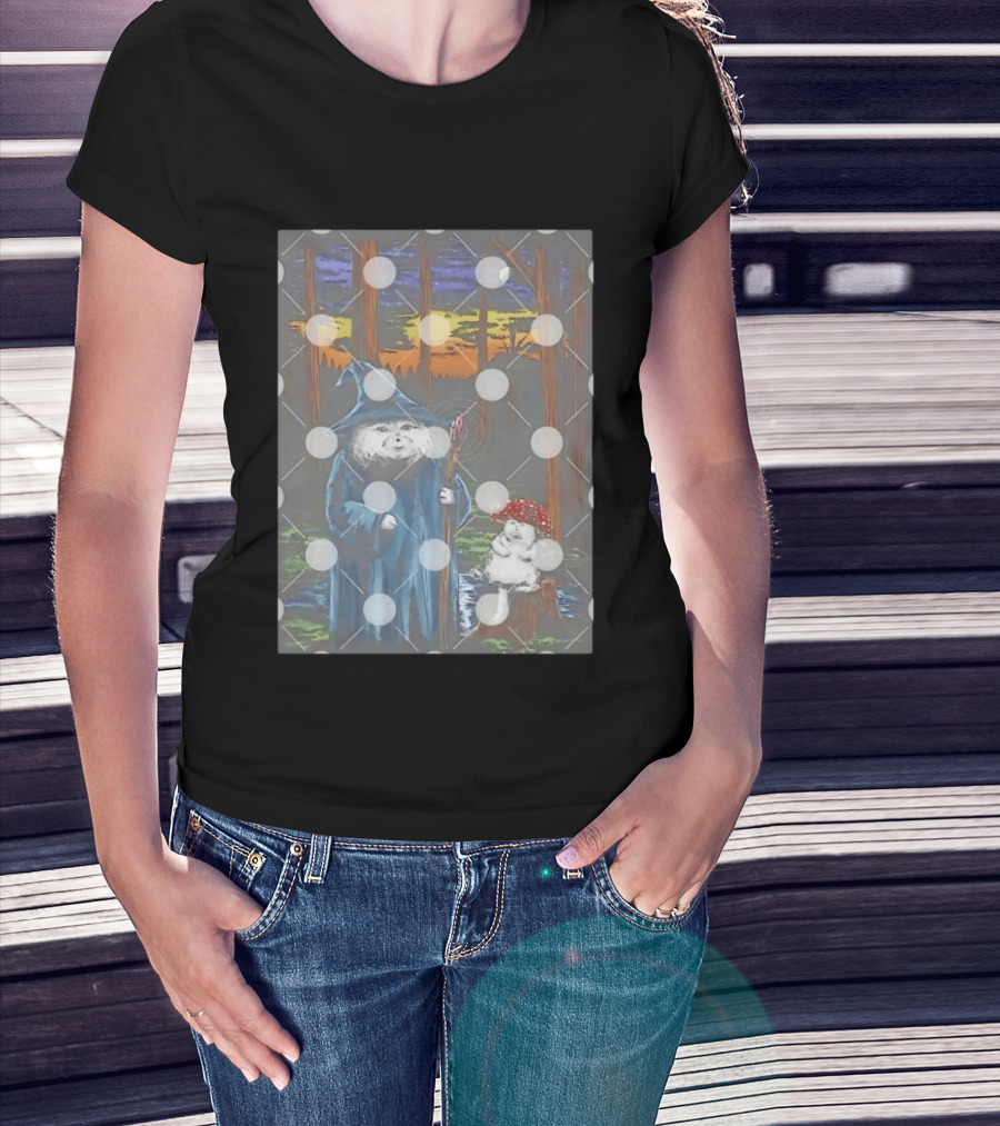 Wizard Cat With Mushroom Friend In Enchanted Forest Sunset T-Shirt