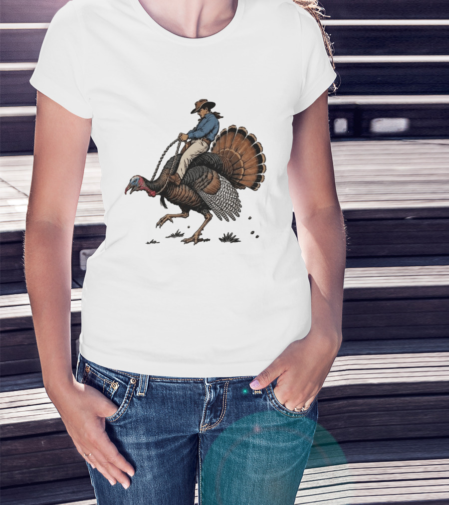 Cowboy Riding Turkey Thanksgiving Humor T-Shirt
