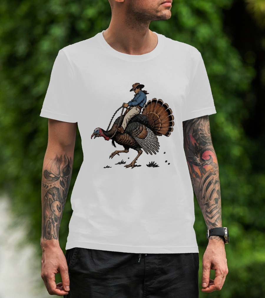 Cowboy Riding Turkey Thanksgiving Humor T-Shirt