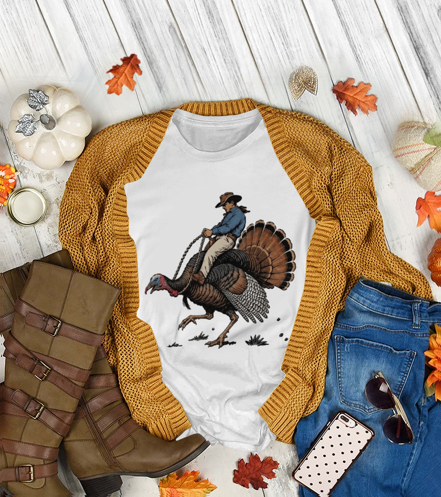 Cowboy Riding Turkey Thanksgiving Humor T-Shirt