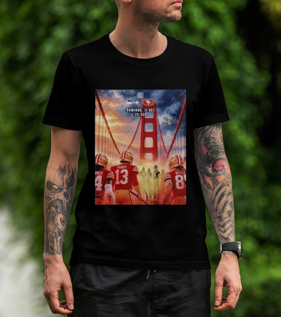 Seattle Seahawks Vs SF 49ers Purdy Kittle Battle Domingueo 11 Oct 22:26H Golden Gate Bridge Showdown T-Shirt