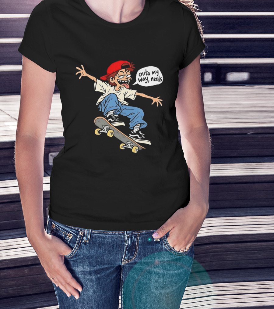 Outa My Way Nerds Skater Cartoon Tongue Out Red Cap Blue Pants White T-Shirt