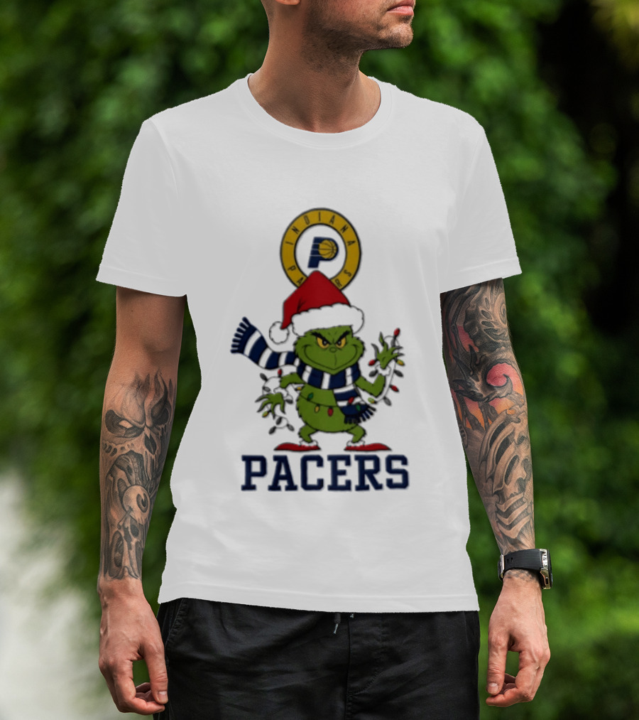 Pacers Christmas Grinch With Santa Hat And Lights T-Shirt