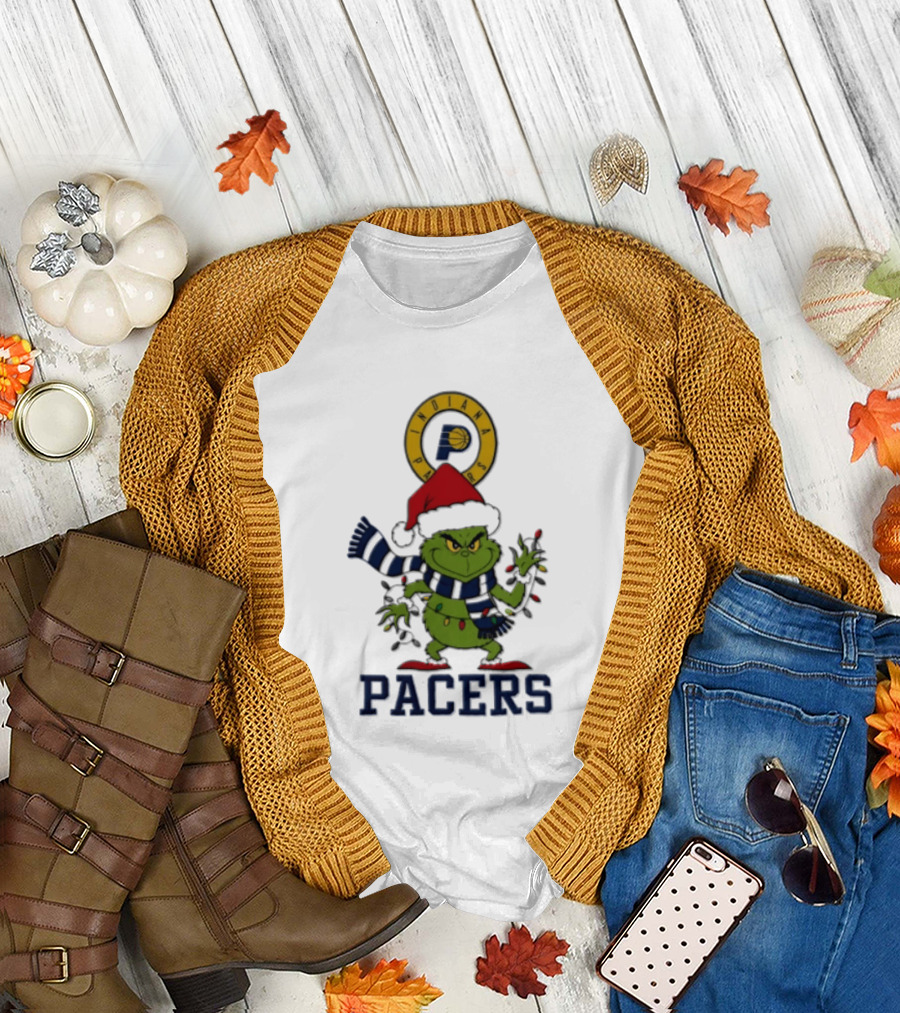 Pacers Christmas Grinch With Santa Hat And Lights T-Shirt
