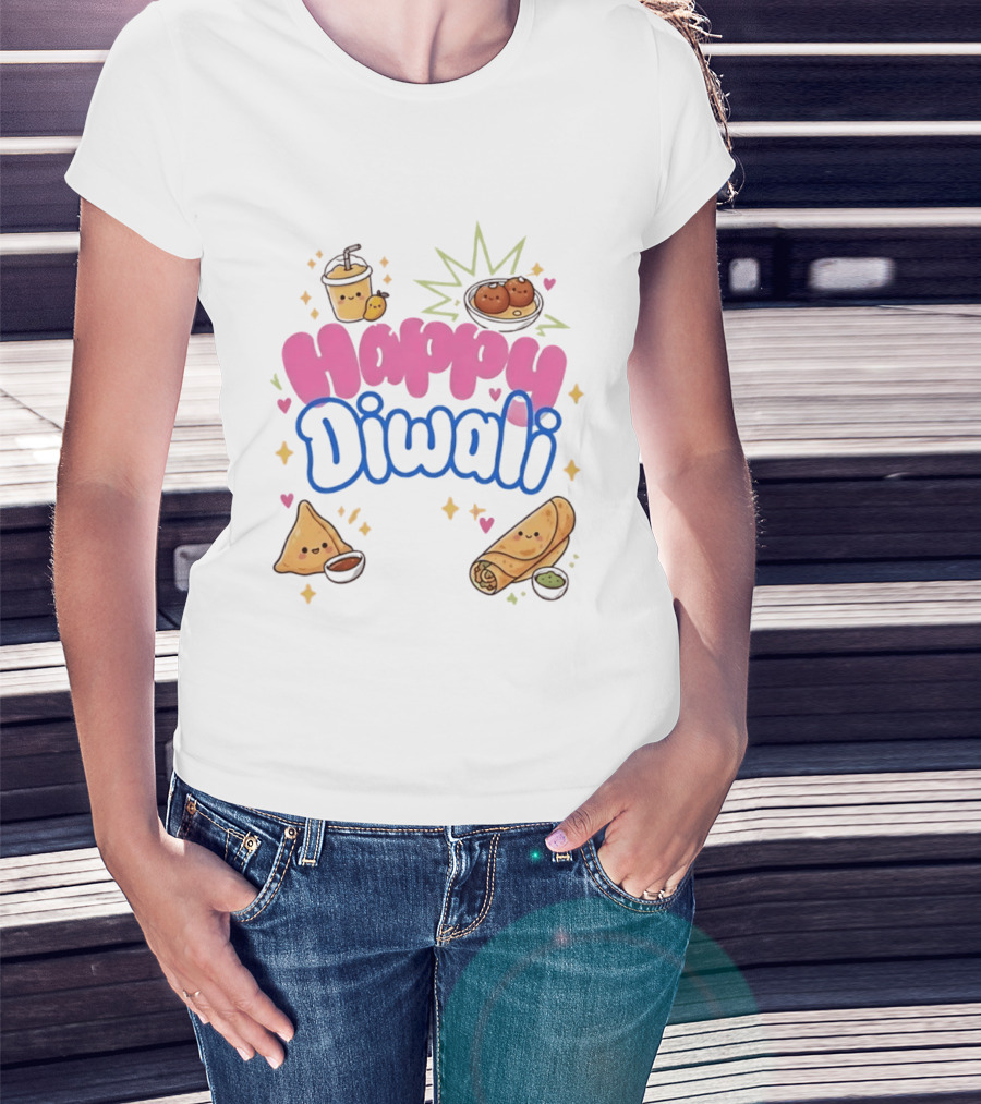 Happy Diwali Kawaii Food Festival Of Lights Celebration With Samosa And Gulab Jamun T-Shirt