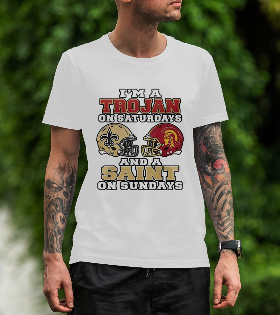 USC Trojans Saturdays New Orleans Saints Sundays Football Helmets T-Shirt