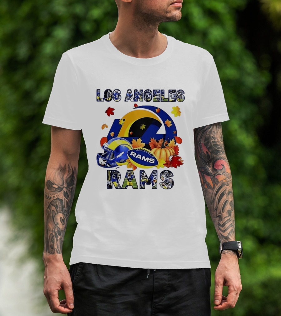 Los Angeles Rams Halloween Fall Football With Leaves And Pumpkin T-Shirt
