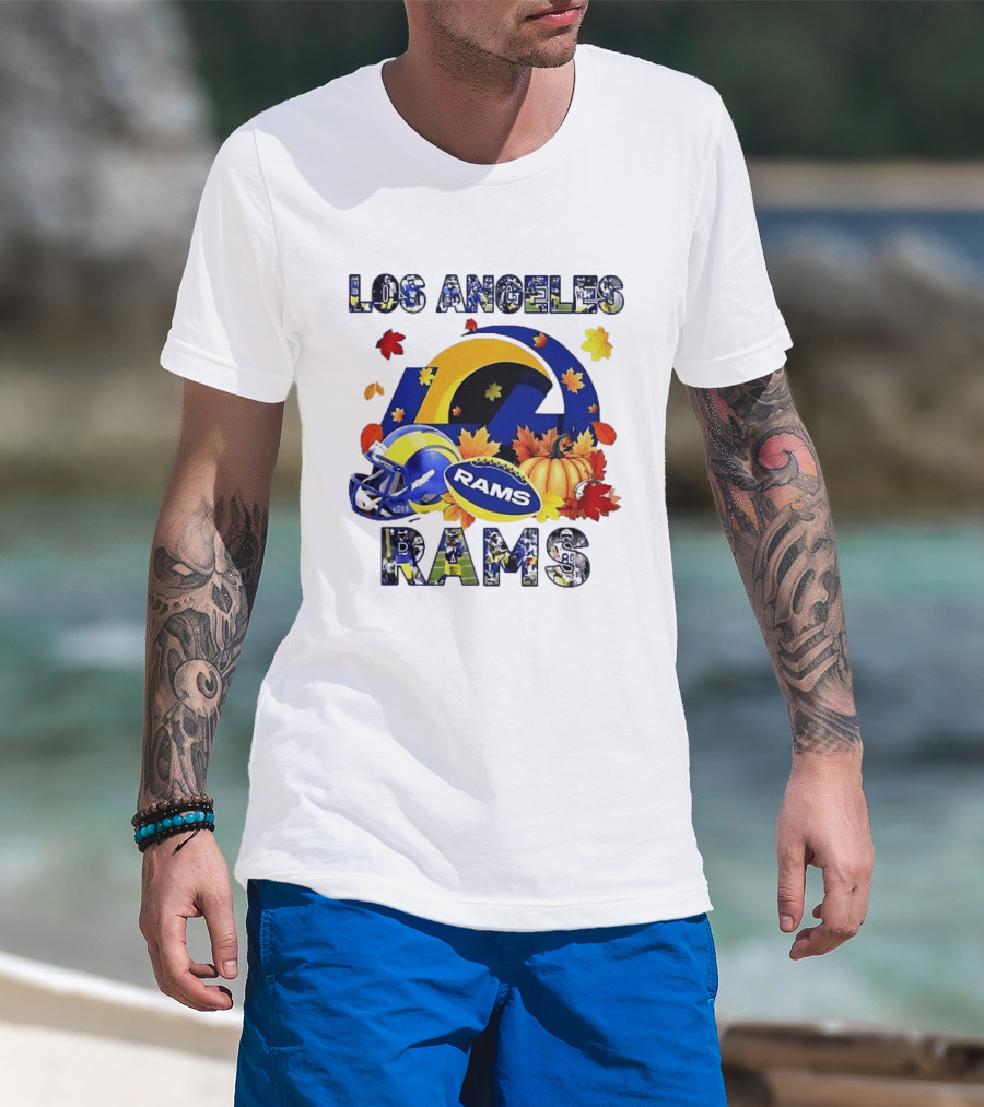 Los Angeles Rams Halloween Fall Football With Leaves And Pumpkin T-Shirt