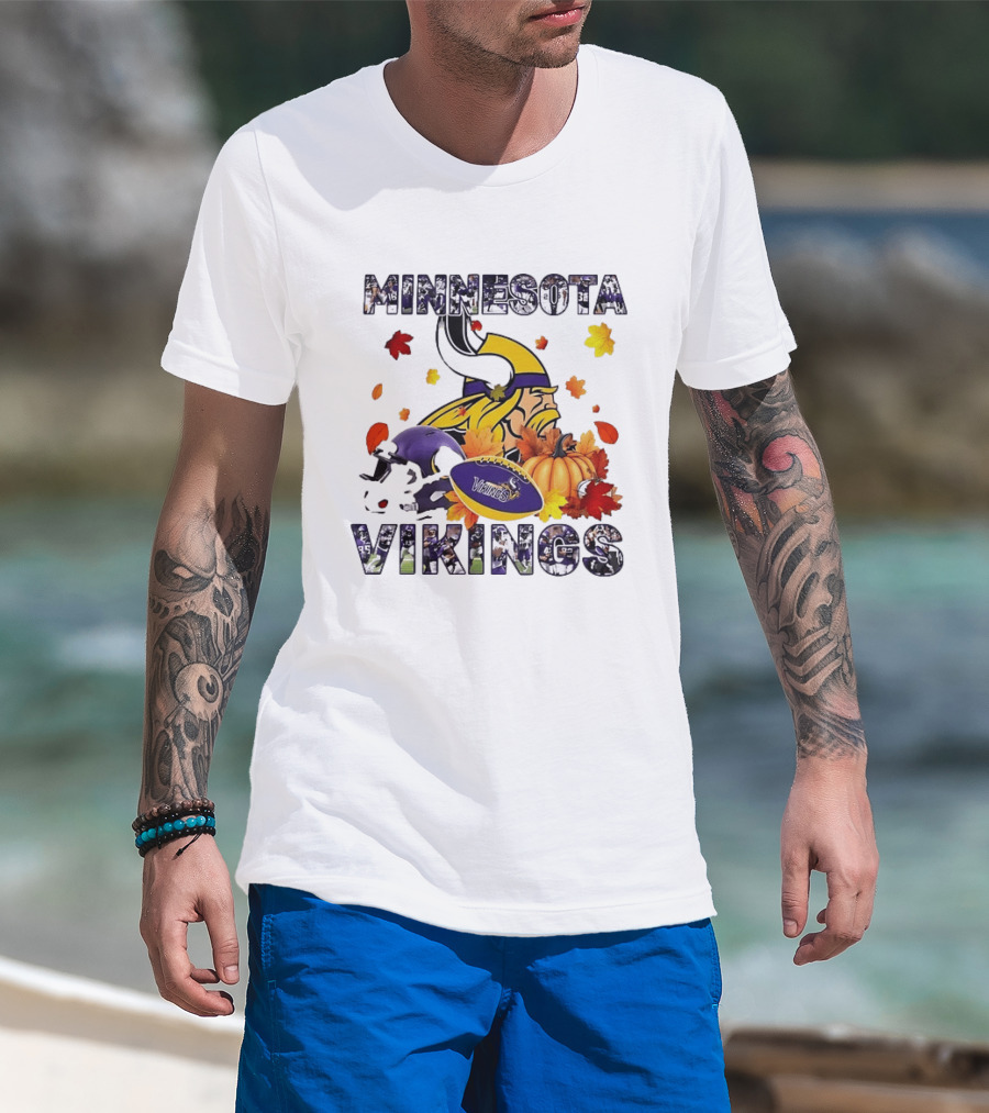 Minnesota Vikings Autumn Football Halloween Leaves Pumpkin T-Shirt
