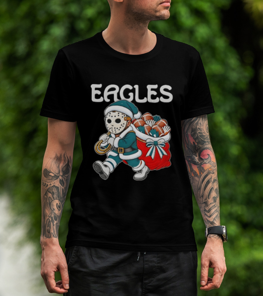 Eagles Christmas Santa With Horror Mask And Football Sack T-Shirt
