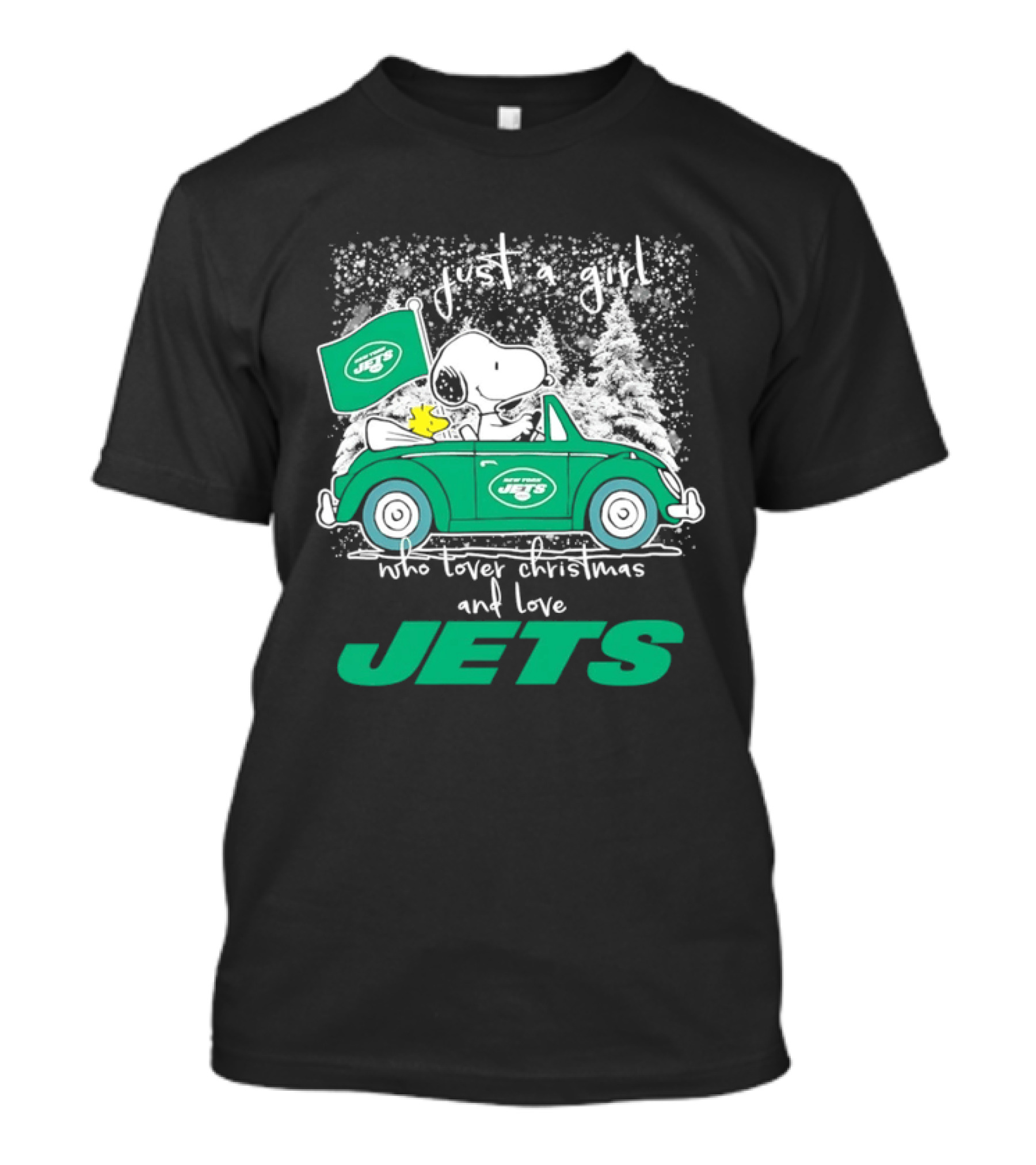 Snoopy Christmas New York Jets Fan In A Green Car With Snowflakes T-Shirt