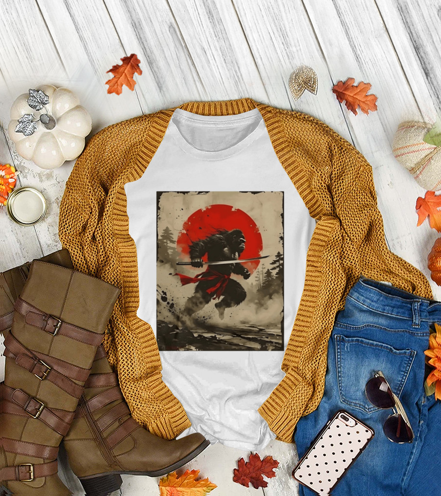 Samurai Gorilla Katana With Rising Sun T-Shirt