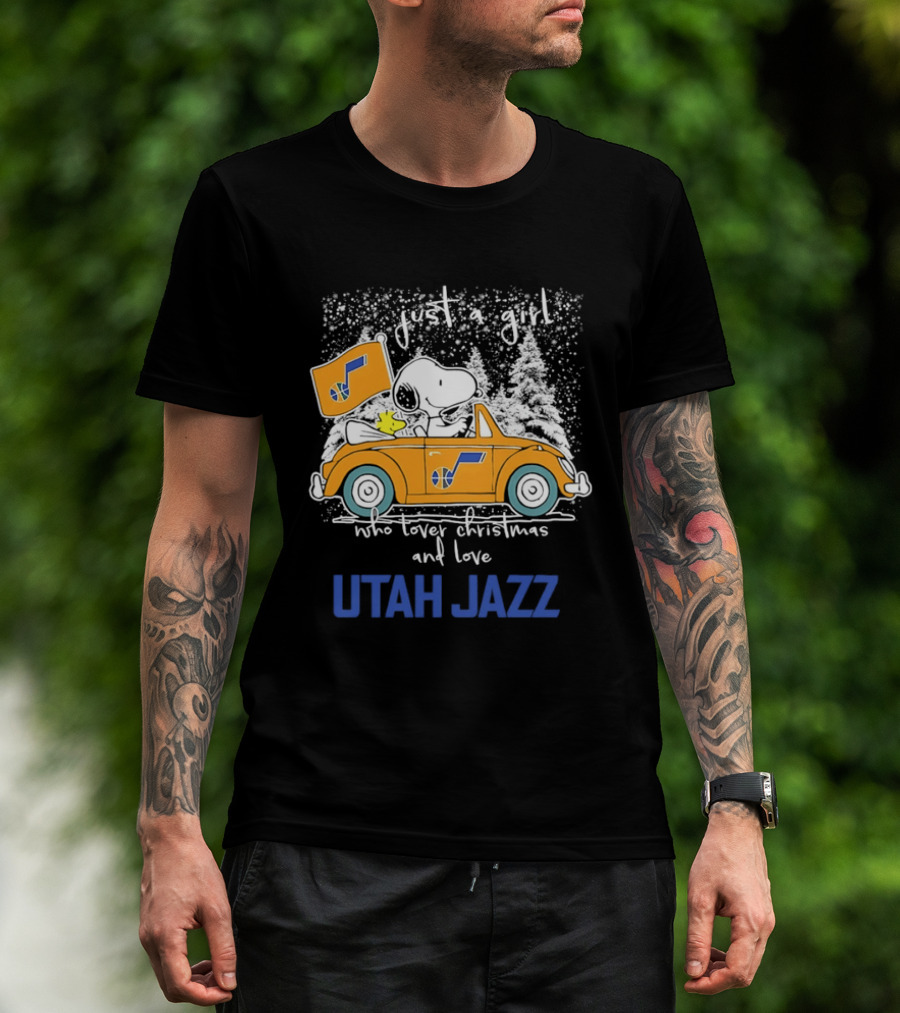 Utah Jazz Fan With Snoopy In Festive Car Celebrating Christmas T-Shirt