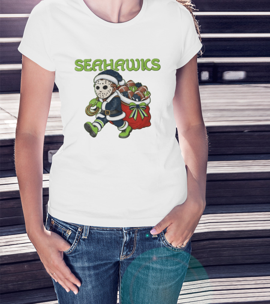 Seahawks Football Christmas Horror Santa Sack Green Blue T-Shirt