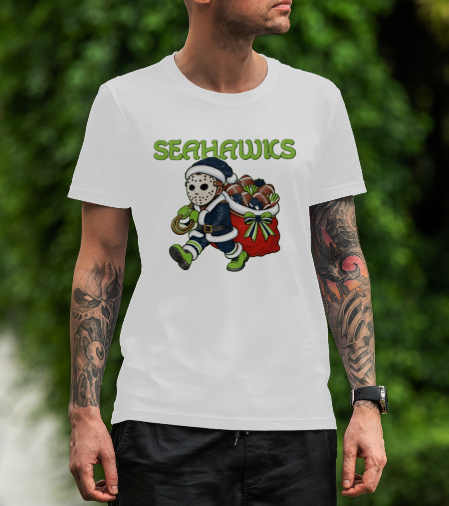 Seahawks Football Christmas Horror Santa Sack Green Blue T-Shirt