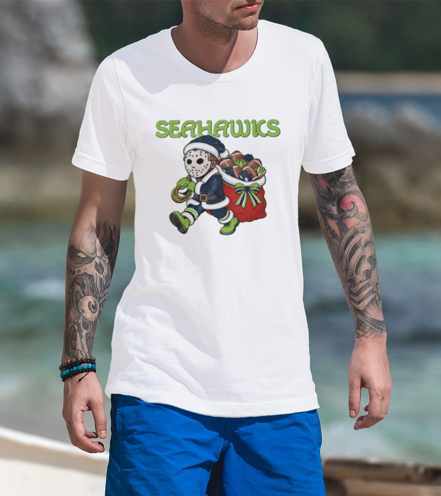 Seahawks Football Christmas Horror Santa Sack Green Blue T-Shirt