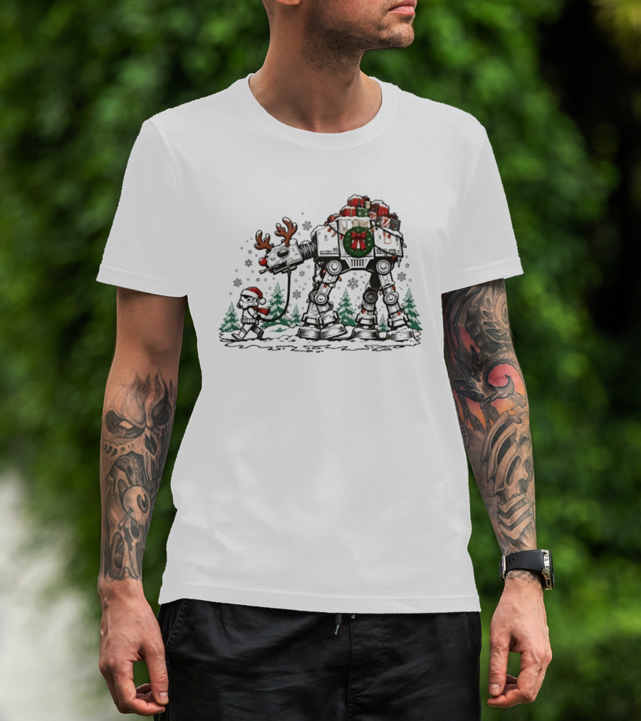 Star Wars Stormtrooper Leading Christmas AT AT Reindeer With Gifts T-Shirt