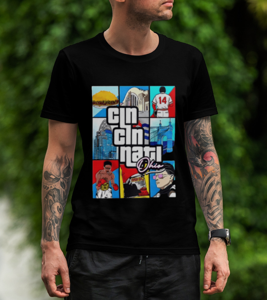Cincinnati Ohio Landmarks GTA Style Tyler Henderson Alabama NCAA 14 T-Shirt