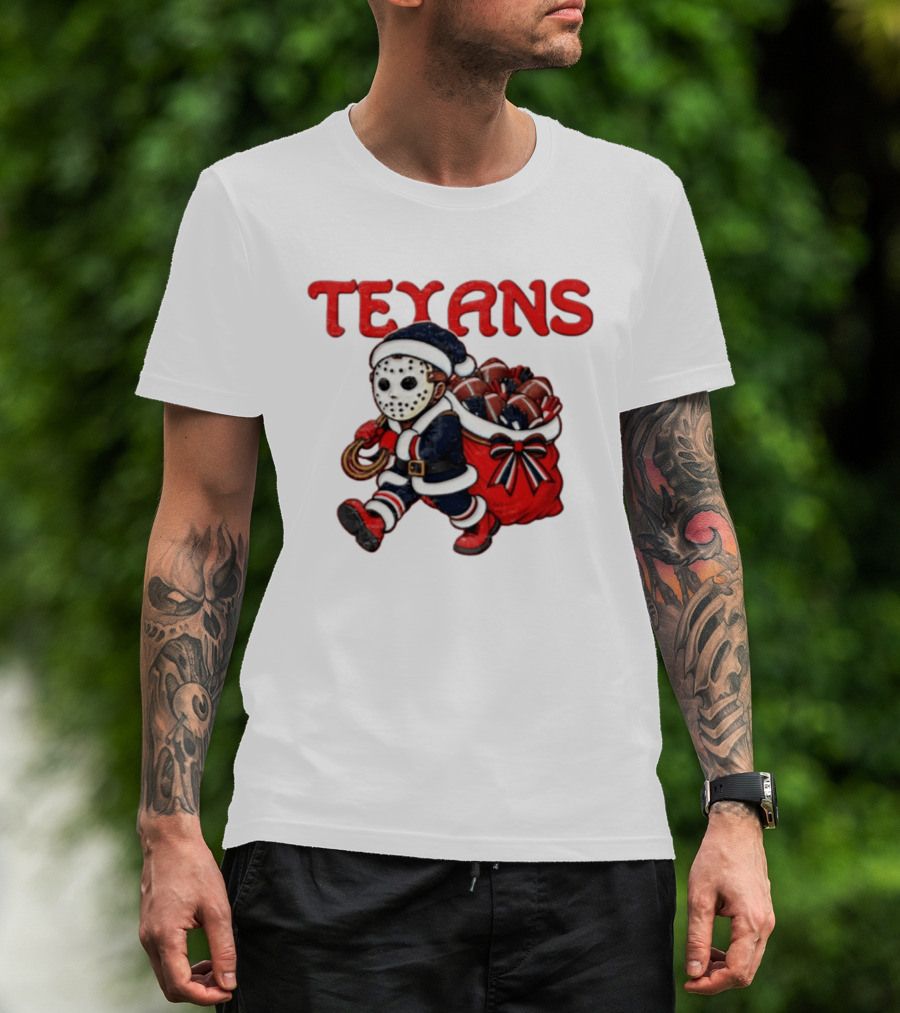 Houston Football Christmas Red And Navy Masked Santa T-Shirt
