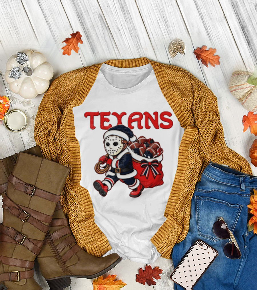 Houston Football Christmas Red And Navy Masked Santa T-Shirt