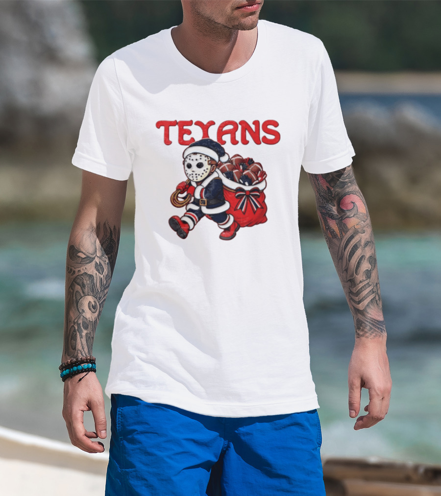 Houston Football Christmas Red And Navy Masked Santa T-Shirt