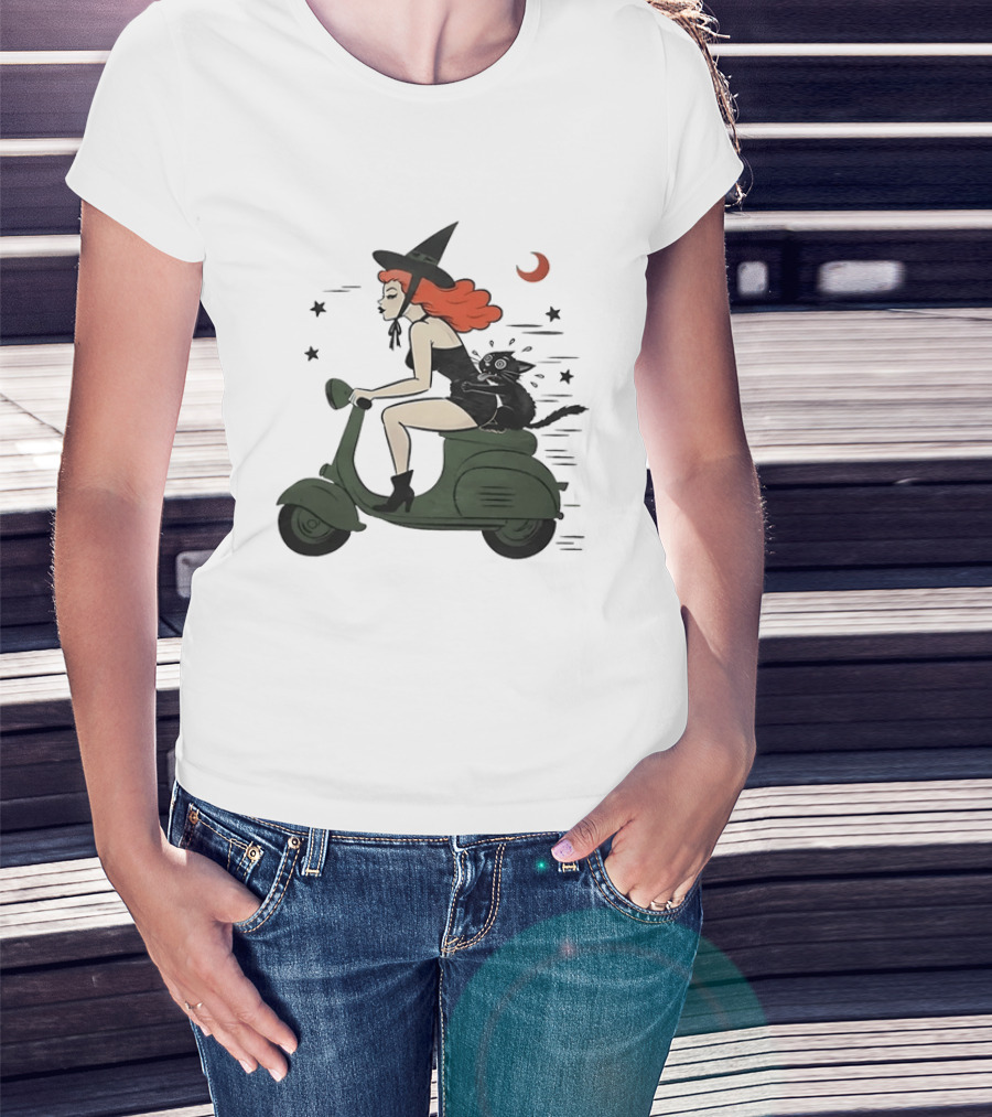 Witch Riding A Scooter With A Cat T-Shirt