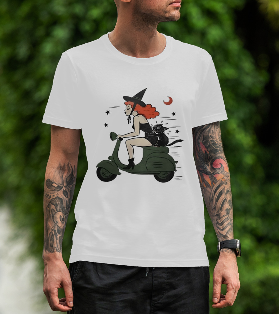 Witch Riding A Scooter With A Cat T-Shirt