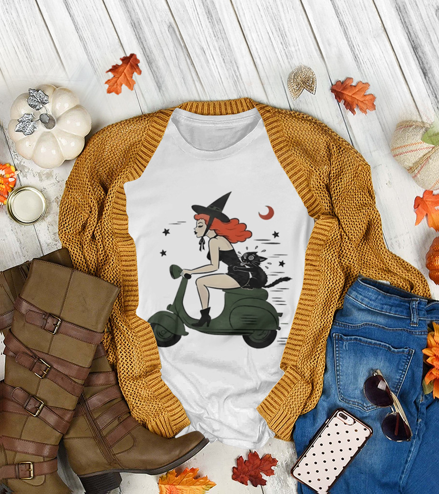 Witch Riding A Scooter With A Cat T-Shirt