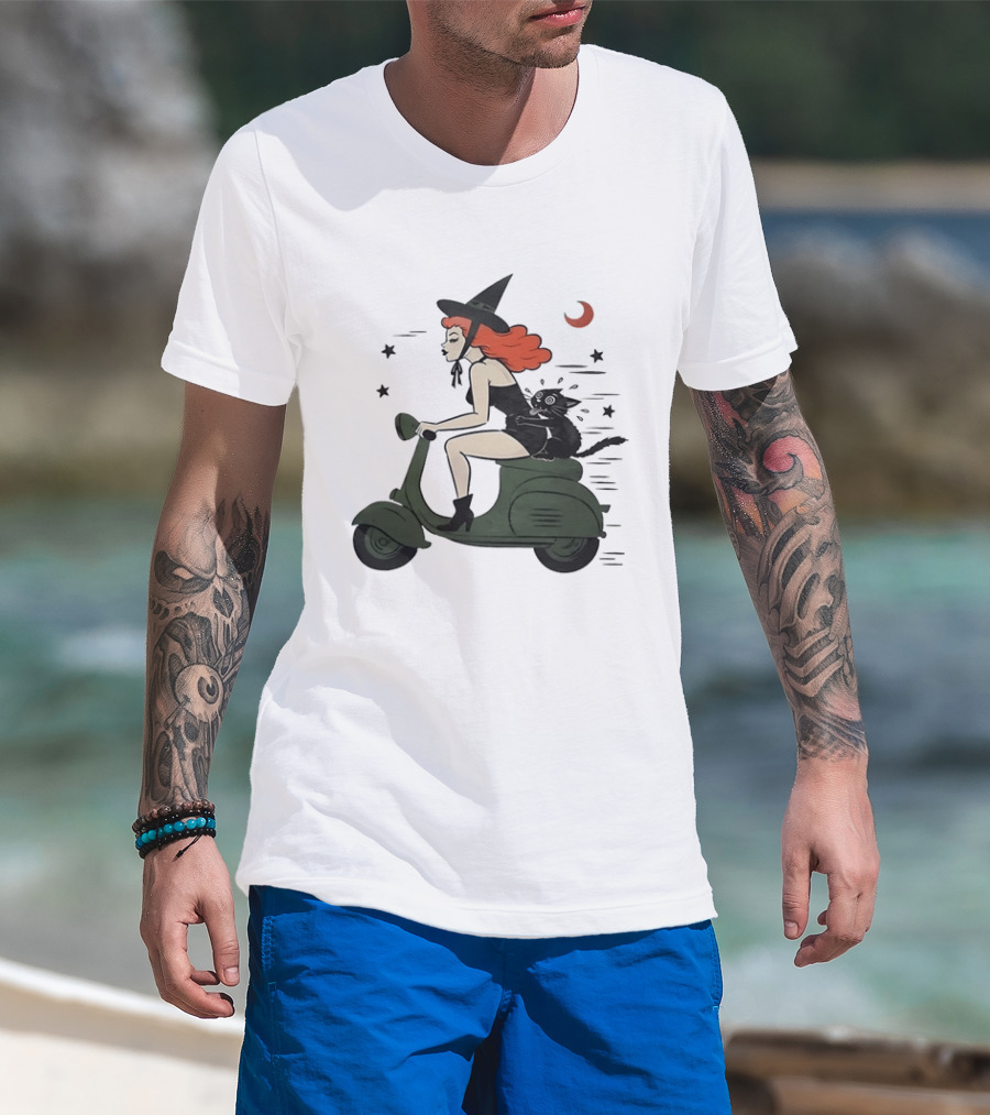 Witch Riding A Scooter With A Cat T-Shirt