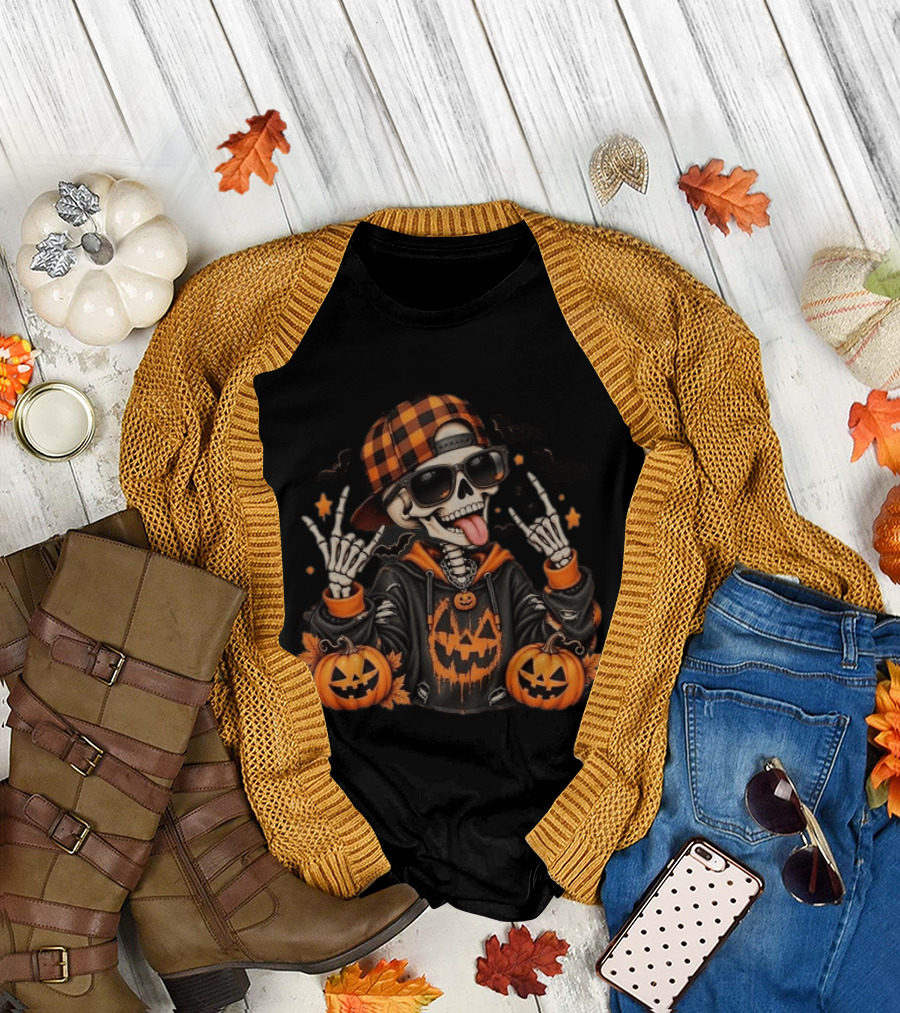 Skeleton Halloween Rocker With Plaid Hat And Pumpkins T-Shirt