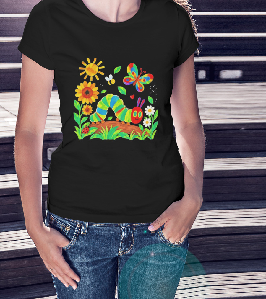 The Very Hungry Caterpillar Colorful Garden With Butterfly And Sunflowers T-Shirt